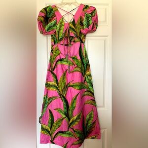 Pink Foliage Crossed Back Midi Dress